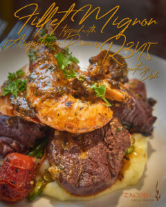 An ad for the Filet Mignon Signature dish at the Zagora Grill Romm - Close up image